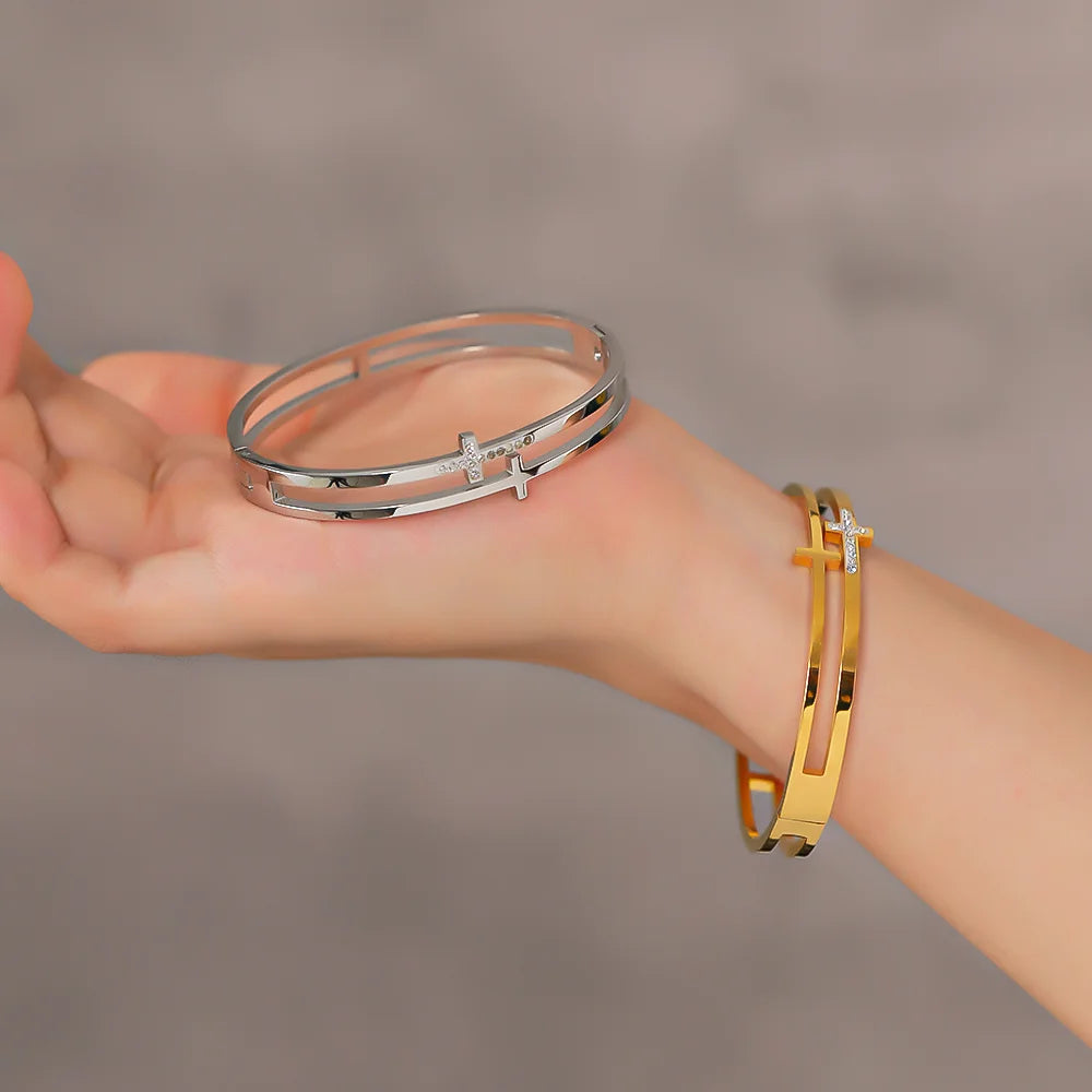 cross bracelet in silver gold colored aluminum iron