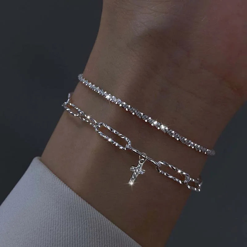 elegant cross bracelet for ladies shiny color crystal silver